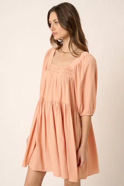 Pintuck Detail Tie Back Mini Dress in Apricot - product view 3