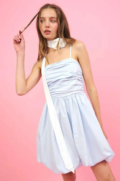 Ruched Detail Bubble Hem Mini Dress in Blue - product view 1