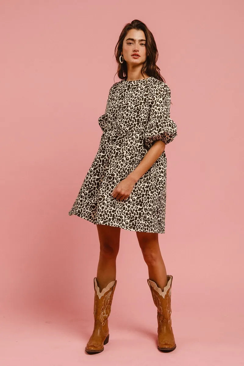 Leopard Denim Dress With Back Contrast Tie Detail in Off White Leopard - product view 5