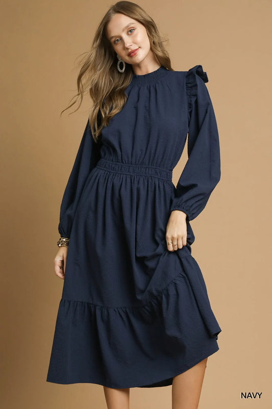 Textured Midi Dress with Ruffle Shoulder Detail - Navy - product view 1