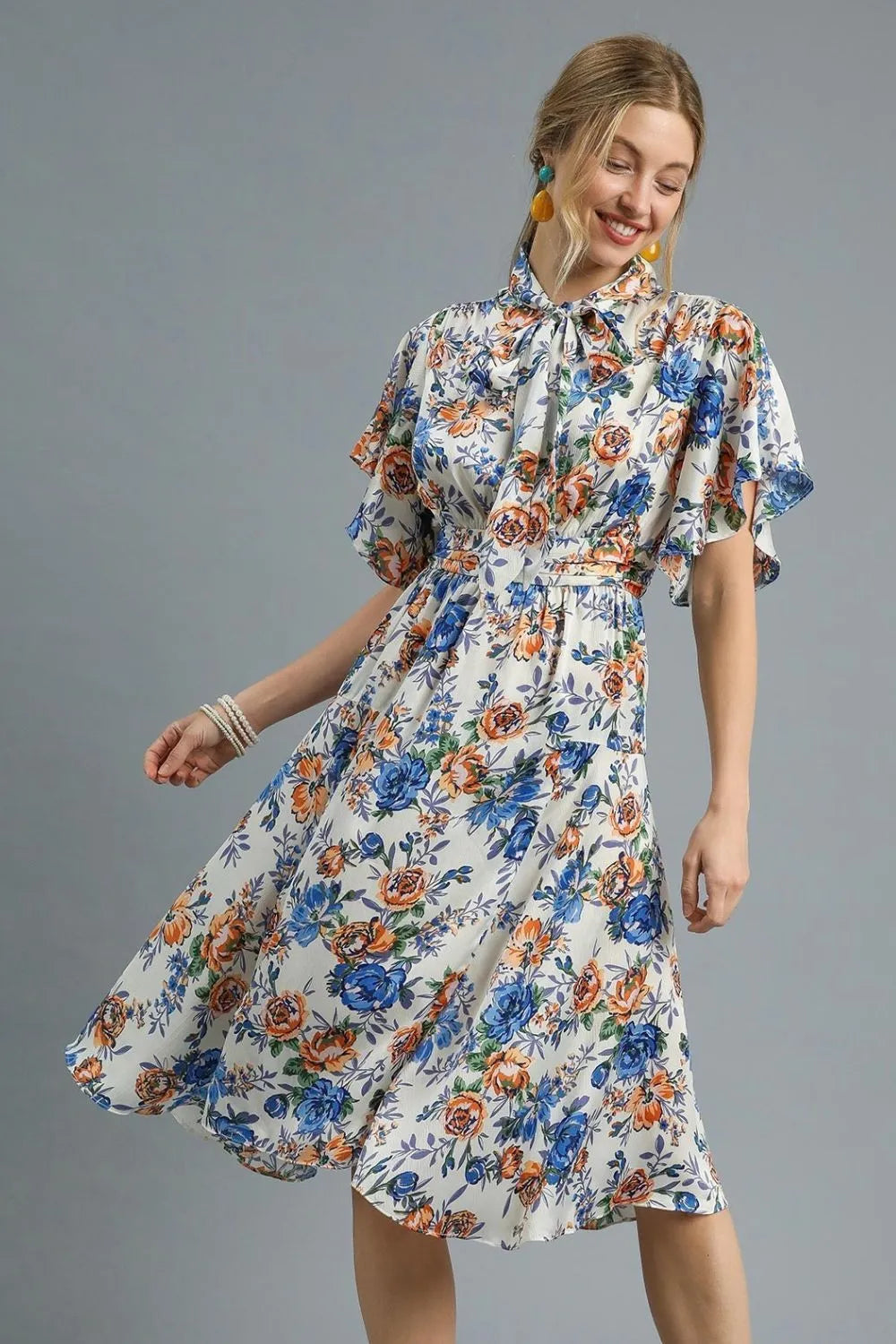 Floral Print Flutter Sleeve Dress in Royal Blue - product view 1
