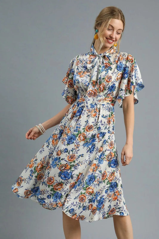 Floral Print Flutter Sleeve Dress in Royal Blue - product view 1