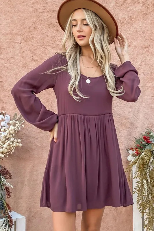 Back Lace Button Down Detail Bell Sleeve Dress in Purple - product view 4