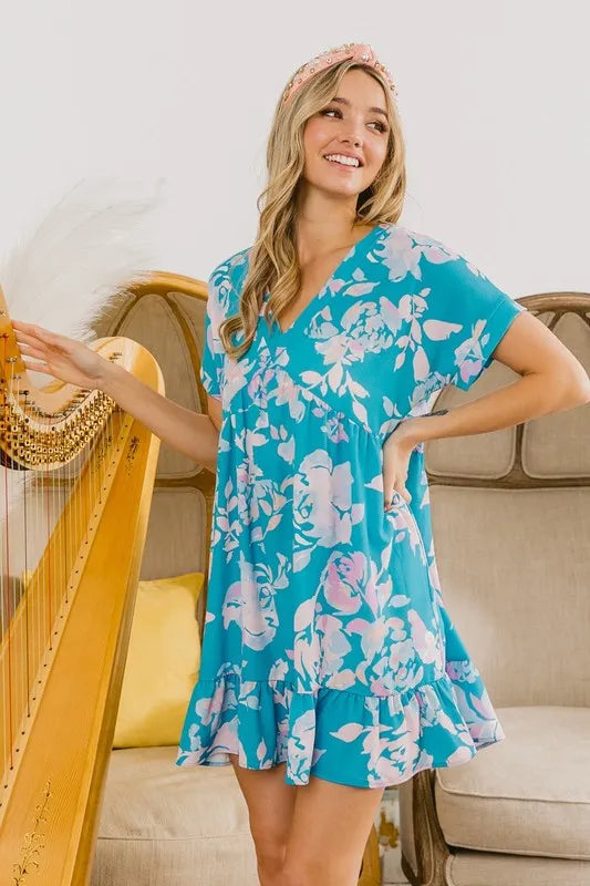Floral Crinkle Shirred Ruffle Detail V Neck Dress in Soft Blue - product view 12