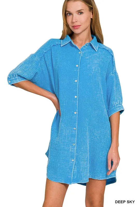 Washed Double Gauze Button Down Shirt Dress - Deep Sky - product view 1