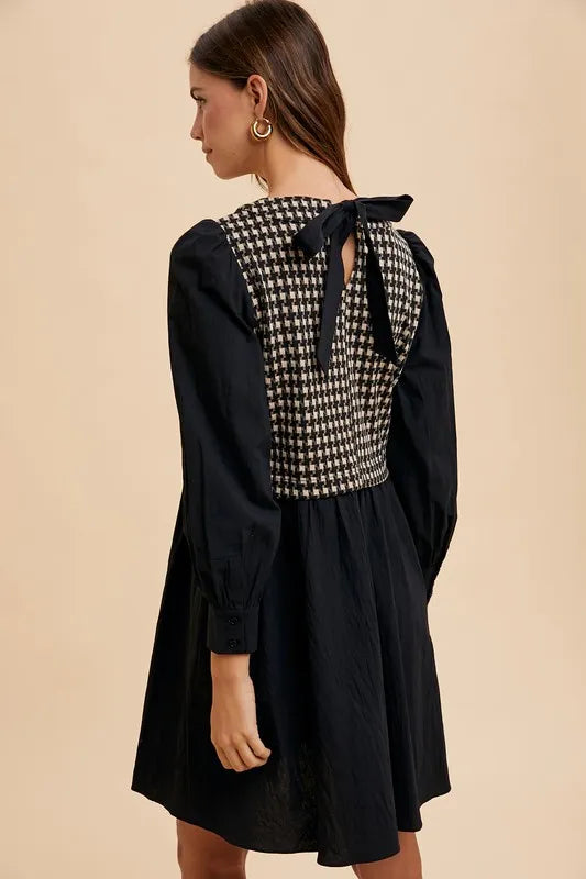 Tie Back Plaid Round Neck Mini Dress in Black - product view 3