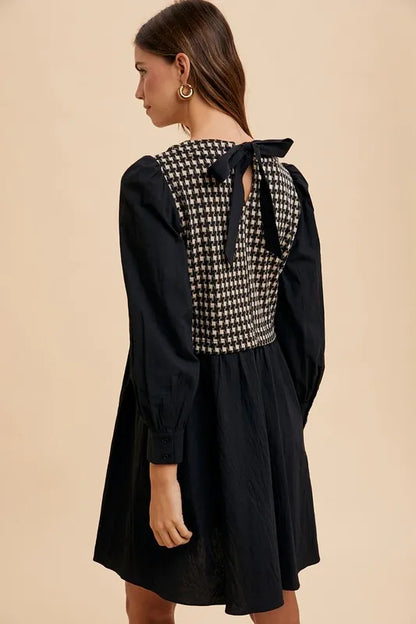 Tie Back Plaid Round Neck Mini Dress in Black - product view 3
