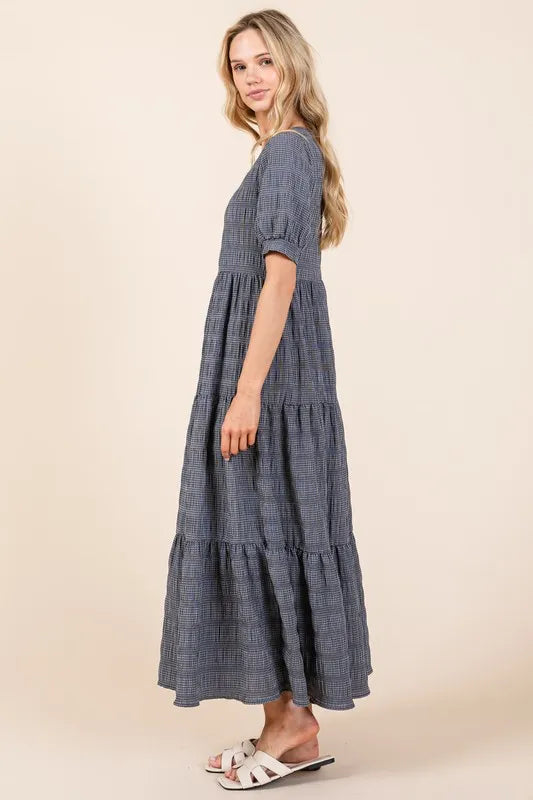 Textured Short Sleeve Tiered Dress in Charcoal - product view 3