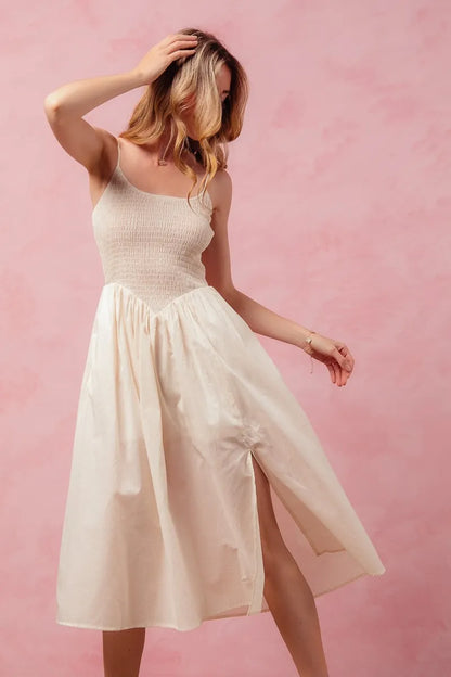 Smocked Sleeveless Casual Everyday Dress With Slit - Cream - product view 1