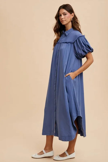Mineral Washed Button Down Puff Sleeve Shirt Dress - Peacock Blue - product view 2