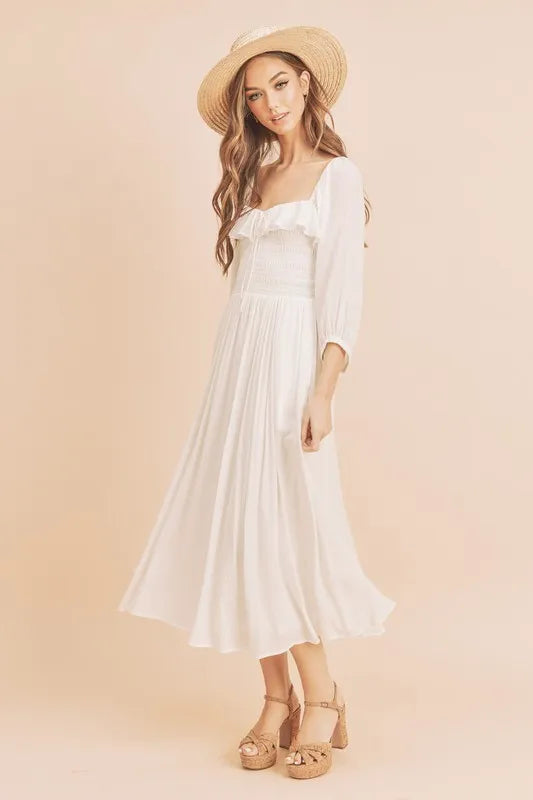 Ruffled Smocked Square Neck Balloon Sleeve Dress in White - product view 4