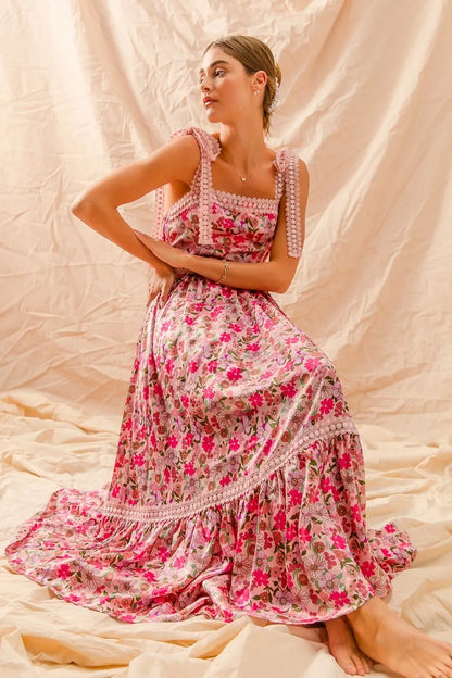 Floral Maxi Dress With Ribbon Tie Lace Strap in Pink Combo - product view 2