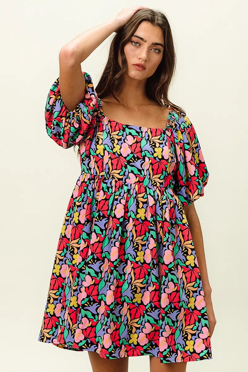 Floral Print Puff Square Neck Dress in Black Multi - product view 15