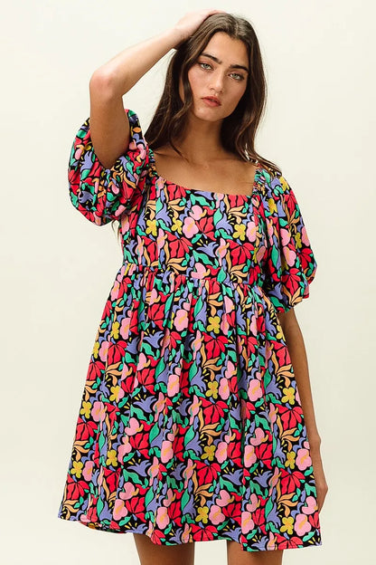 Floral Print Puff Square Neck Dress in Black Multi - product view 15
