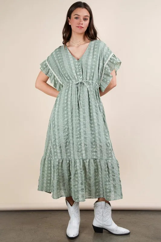 Embroidered Boho Ruffled Midi Dress - Sage - product view 3