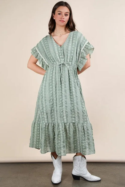 Embroidered Boho Ruffled Midi Dress - Sage - product view 3
