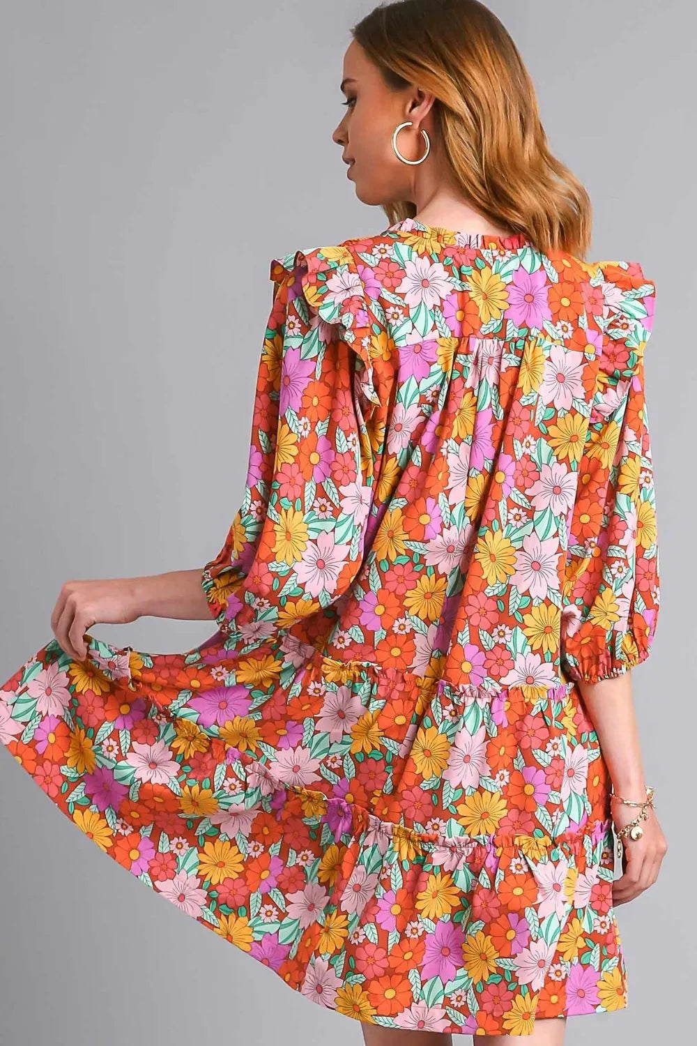 Full Size Ruffled Flower Print Tie Neck Tiered Dress Plus Size in Brown Mix - product view 3