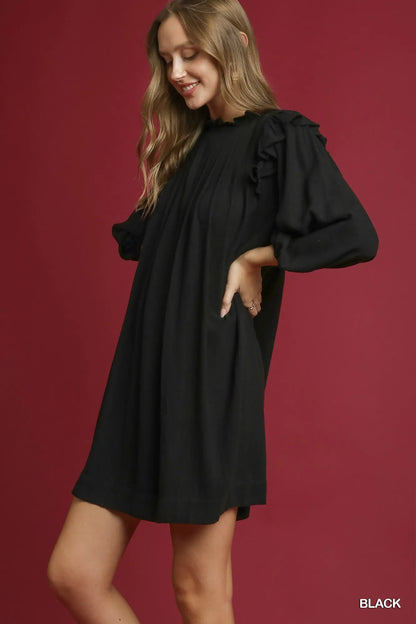 Linen Ruffle Shoulder Pleated Babydoll Dress - Black - product view 2