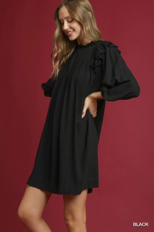 Linen Ruffle Shoulder Pleated Babydoll Dress - Black - product view 2