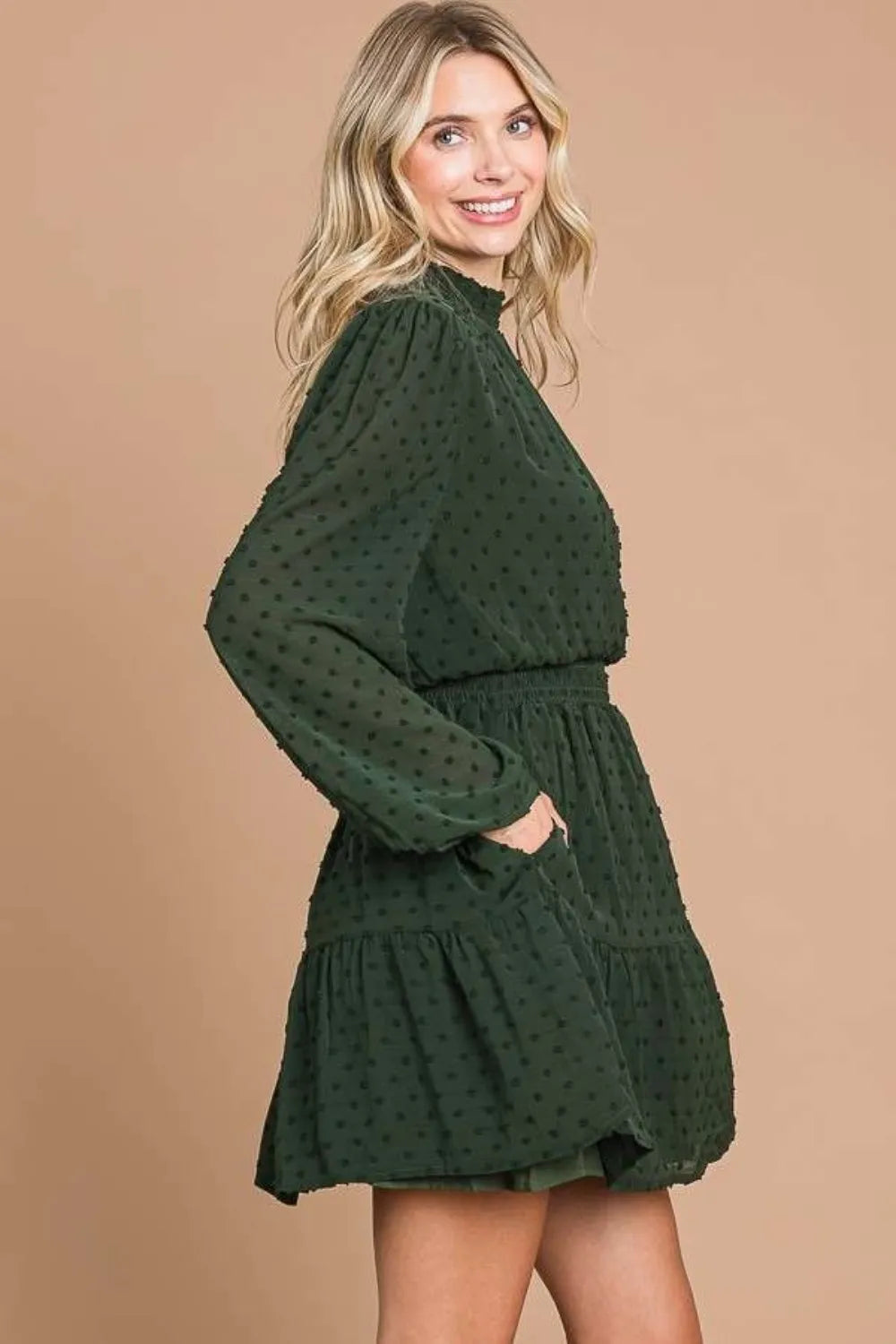 Swiss Dot Smock Neck Mini Dress with Pockets in D.Olive - product view 3