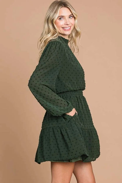 Swiss Dot Smock Neck Mini Dress with Pockets in D.Olive - product view 3