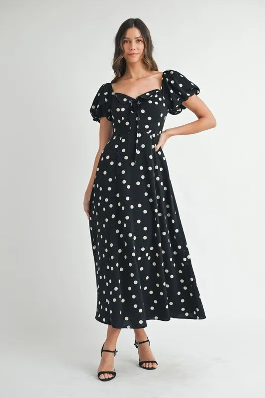 Polka Dot Puff Sleeve Midi Dress - Black - product view 4