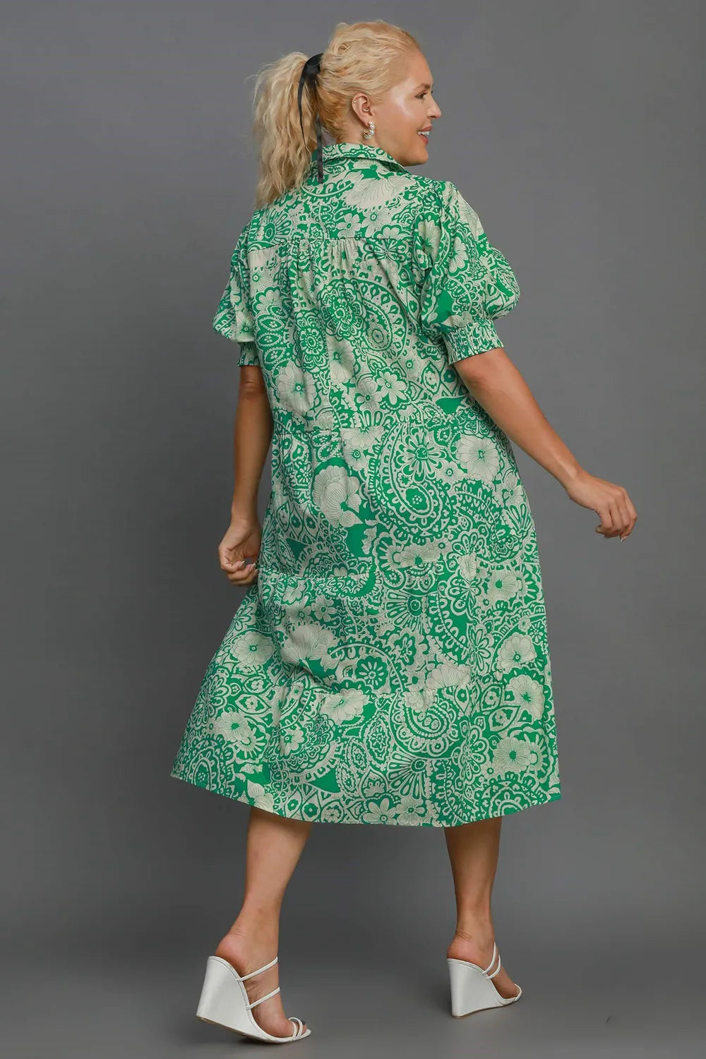 Full Size Printed Smocked Cuff Puff Sleeve Midi Dress Plus Size in Green - product view 4