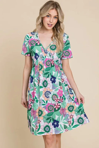 Ruched Floral V-Neck Short Sleeve Dress in Gum Leaf - product view 2