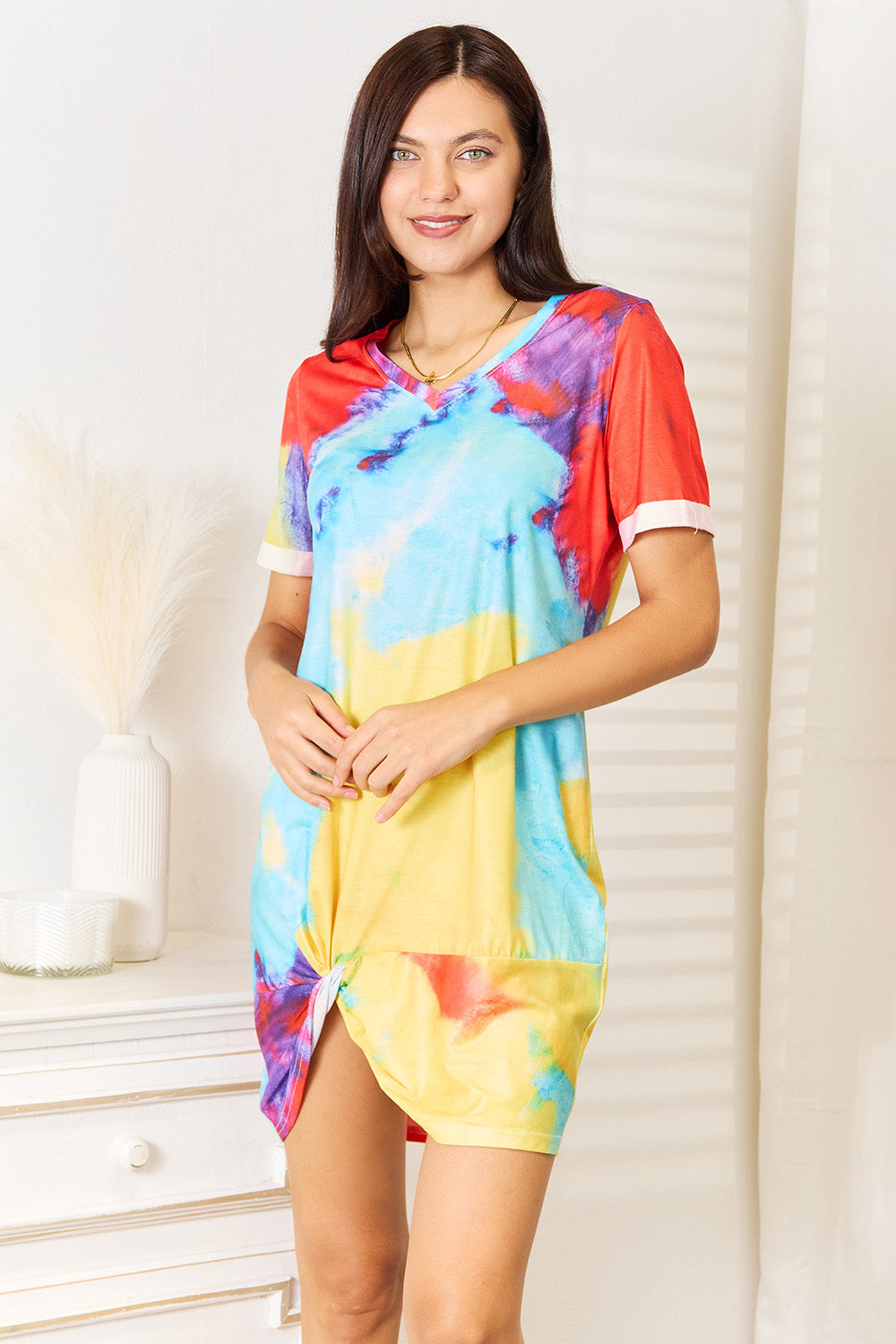Shiny Tie-Dye V-Neck Twisted Dress in Multicolor - product view 1