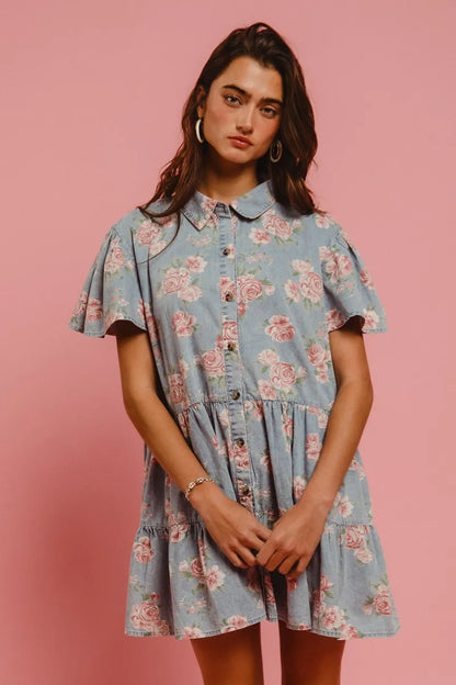 Floral Print Washed Lightweight Tiered Shirt Dress in Lt Denim - product view 8