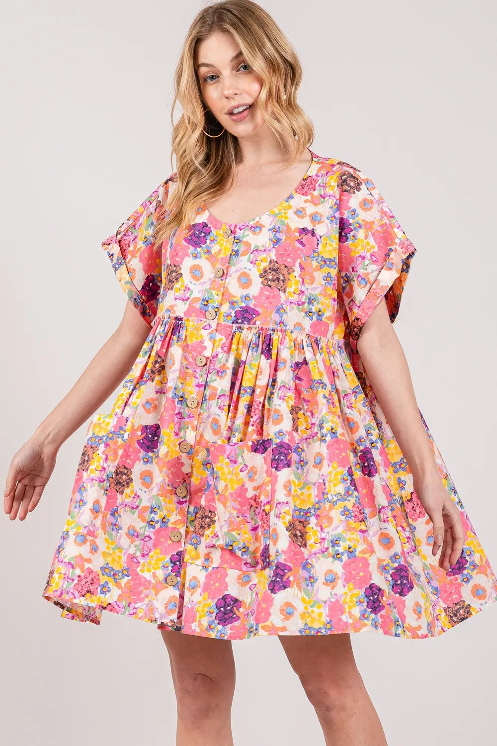 Floral Short Sleeve Babydoll Dress with Pockets in Multi - product view 4