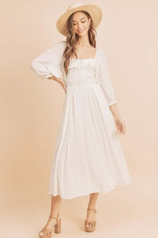 Ruffled Smocked Square Neck Balloon Sleeve Dress in White - product view 3