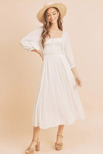Ruffled Smocked Square Neck Balloon Sleeve Dress in White - product view 3