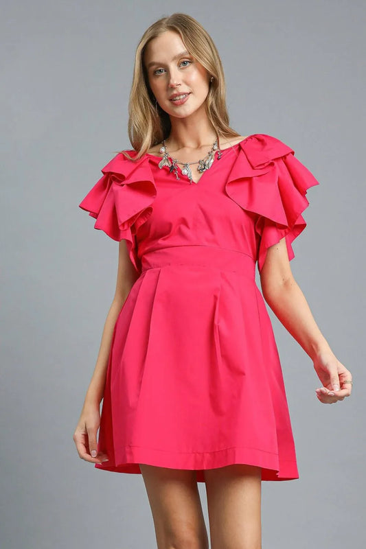 Double Ruffle Sleeve Fit and Flare Dress - Deep Rose - product view 1
