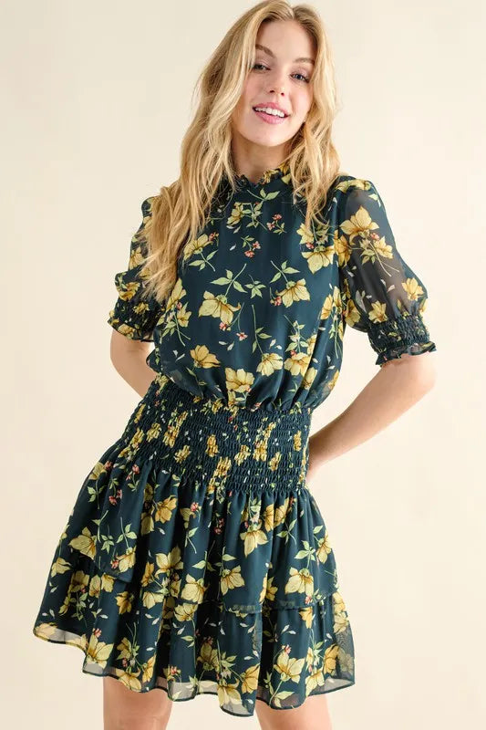 Floral Print Smocked Waist Mini Dress in Hunter Green - product view 2
