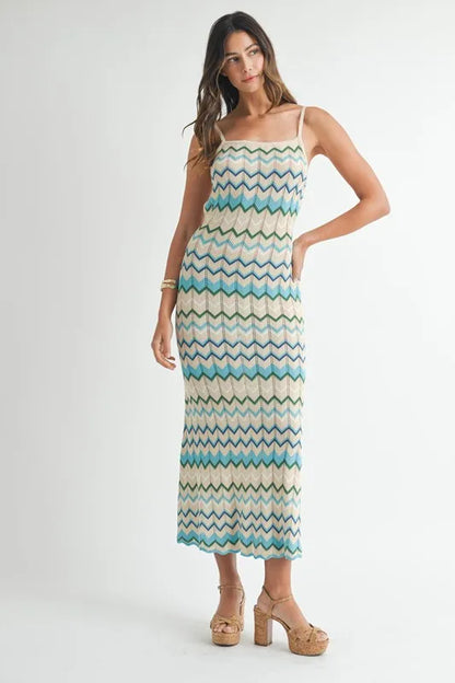 Lightweight Pointelle Chevron Knit Maxi Dress - Aqua - product view 11