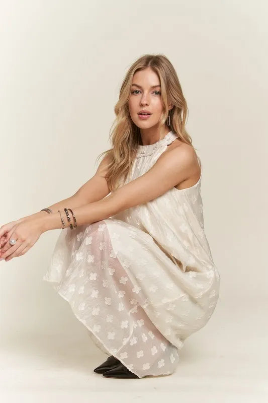 Applique Pearl Detail Grecian Neck Midi Dress in Beige - product view 9