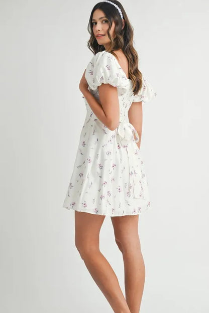 Floral Print Puff Sleeve Mini Dress - Off White - product view 10