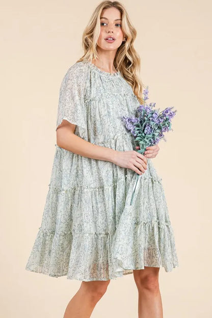 Ditsy Floral Print Sheer Ruffle Detail Mini Dress in Ivory Combo - product view 6