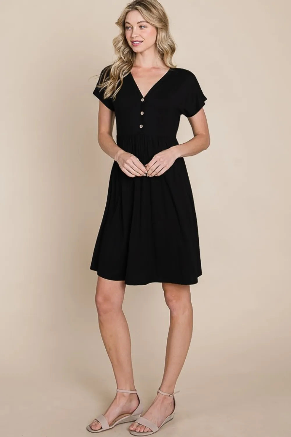 V-Neck Short Sleeve Dress - Black - BOMBOM - product view 4