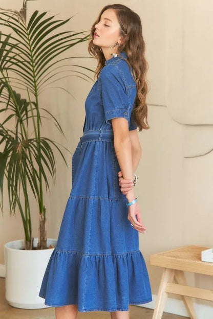 Tiered Button Down Tie Waist Short Sleeve Denim Dress in Dark - product view 3