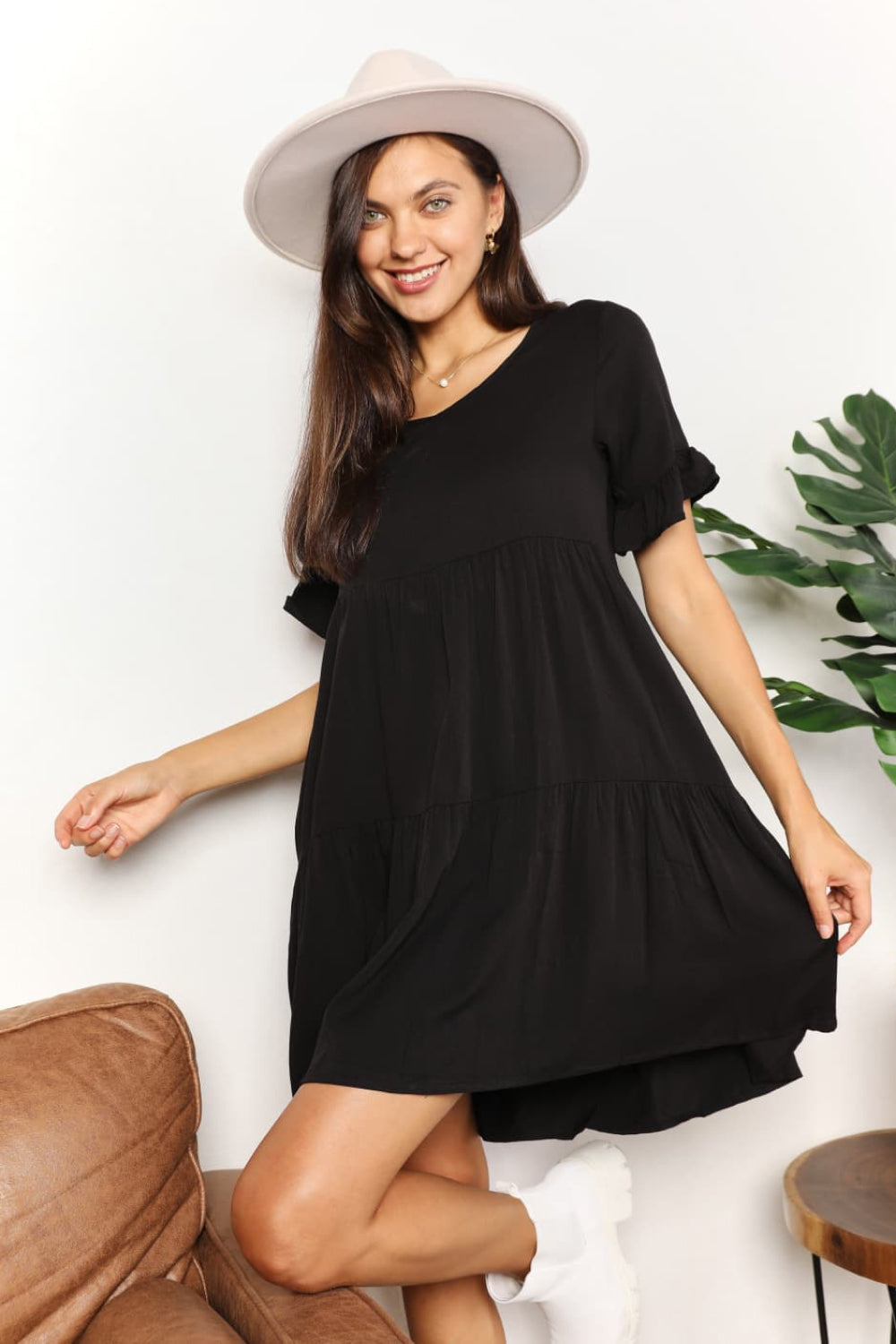V-Neck Flounce Sleeve Tiered Dress in Dark Blue and Black - product view 8