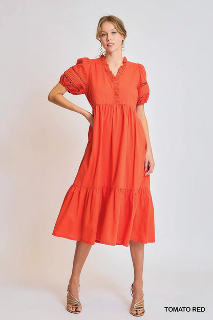 Short Sleeve Lace-Trim Ruffled Midi Dress in Tomato Red - product view 5
