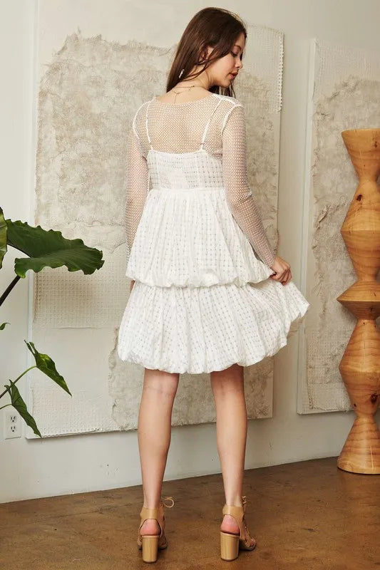 Checker Print Side Pockets Textured Mini Dress in White - product view 10
