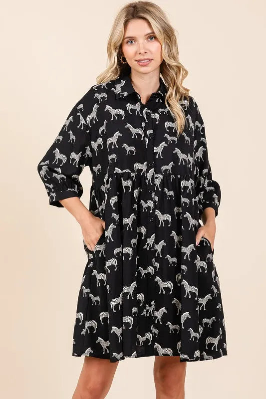Zebra Print Button Down Shirt Mini Dress - Black - product view 1