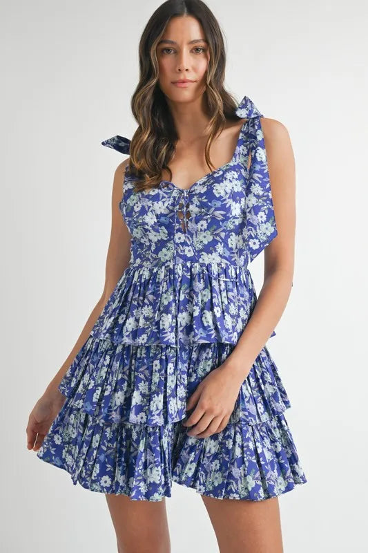 Floral Print Shoulder Tie Layered Mini Dress - Royal Blue - product view 1
