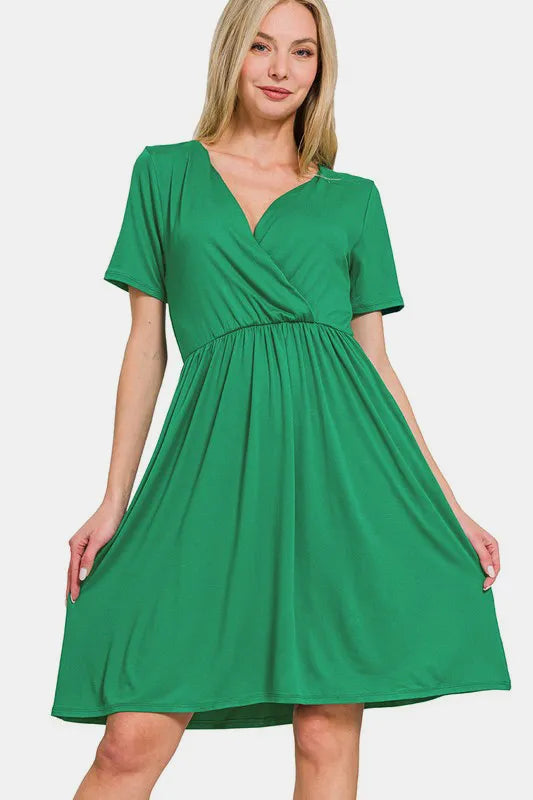 Surplice Short Sleeve Brushed DTY Dress - Green - product view 1