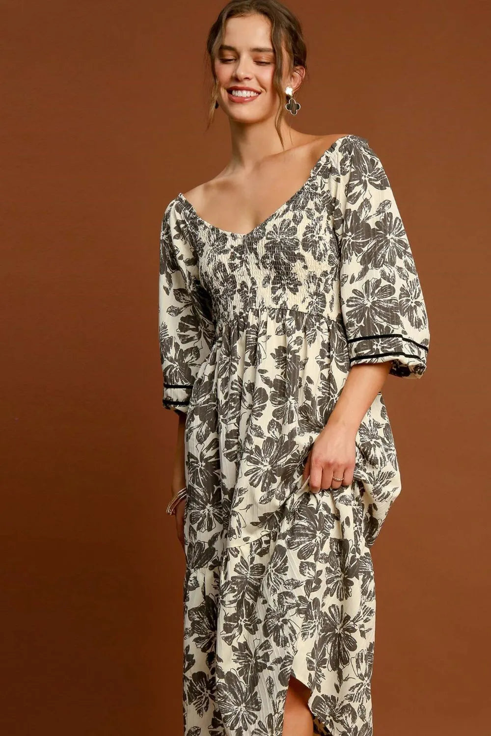 Ruffle Hem Flower Printed V-Neck Dress - Cream - product view 4