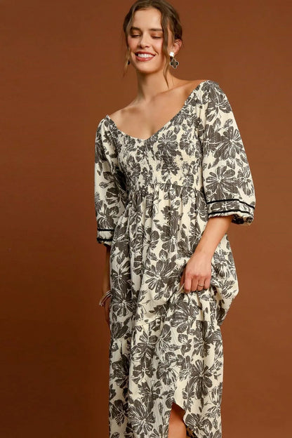 Ruffle Hem Flower Printed V-Neck Dress - Cream - product view 4
