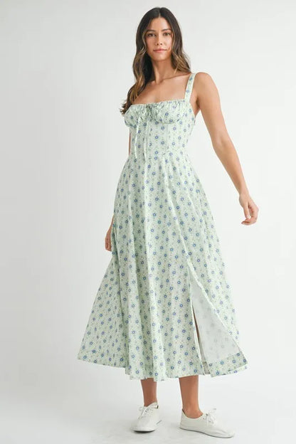 Floral Print Bustier Back Lace Up Midi Dress - Mint - product view 13